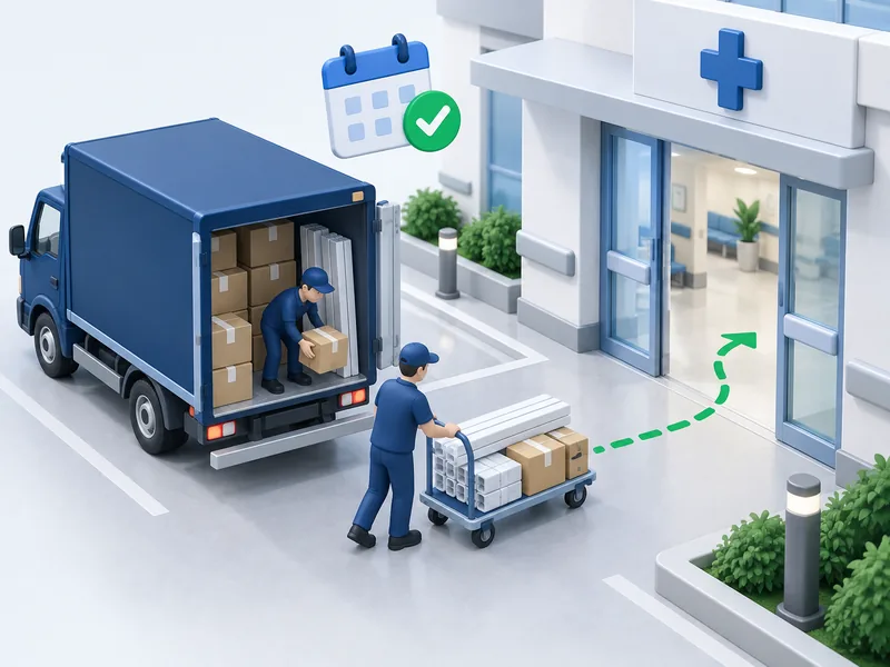 Distribuição: caminhão entregando o material na entrada do hospital, com calendário confirmado