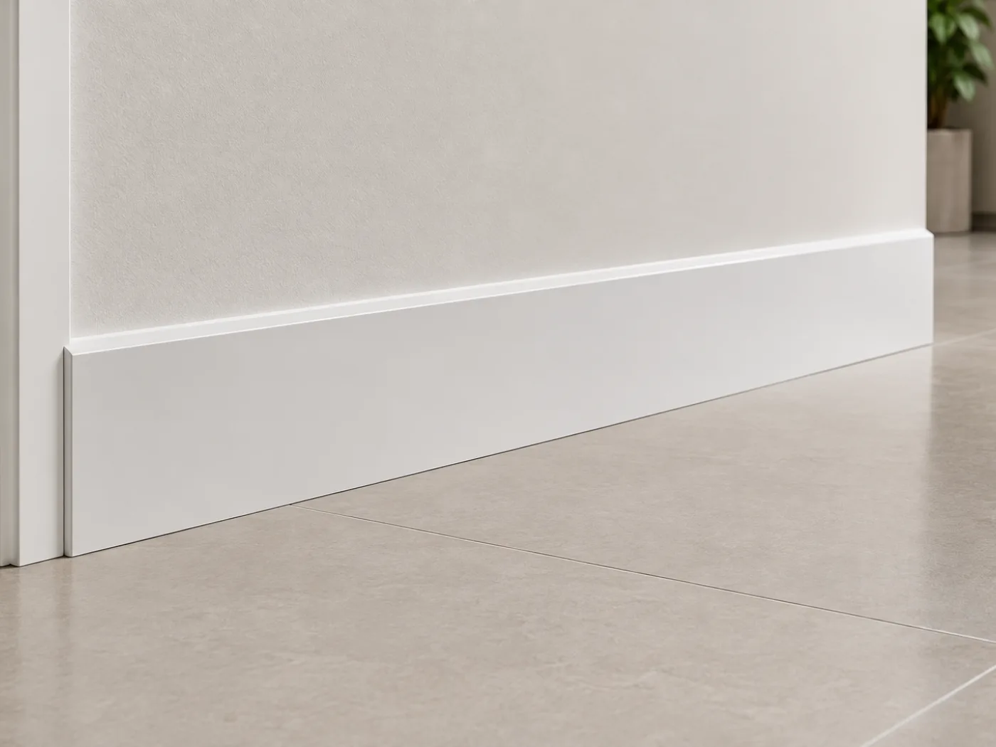 Rodapé de proteção branco instalado rente ao piso, junto à parede