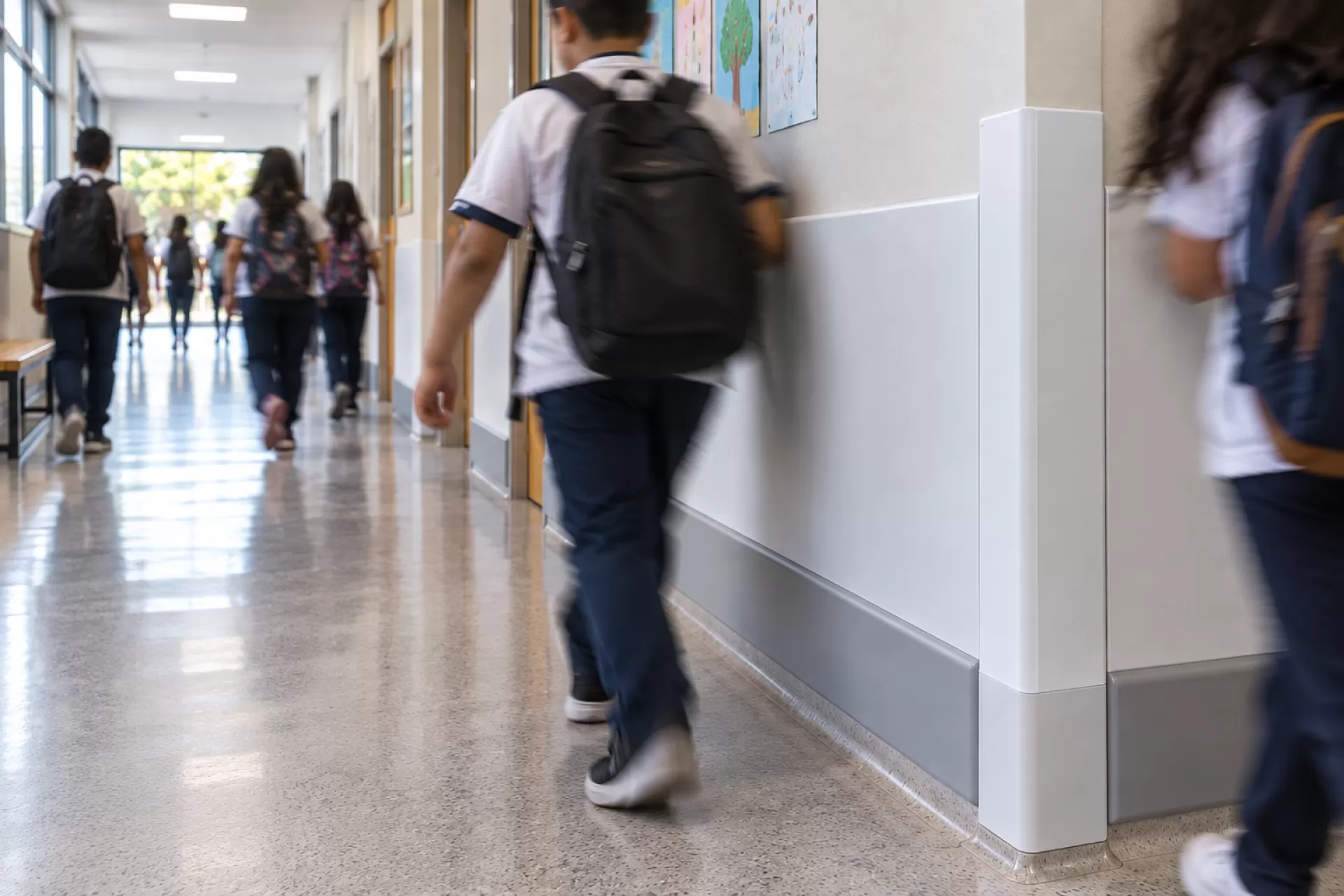 Alunos com mochilas circulando no corredor da escola ao lado da parede protegida