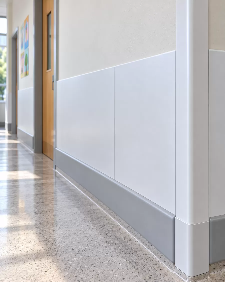 Detalhe do revestimento para parede instalada na parede de um corredor escolar