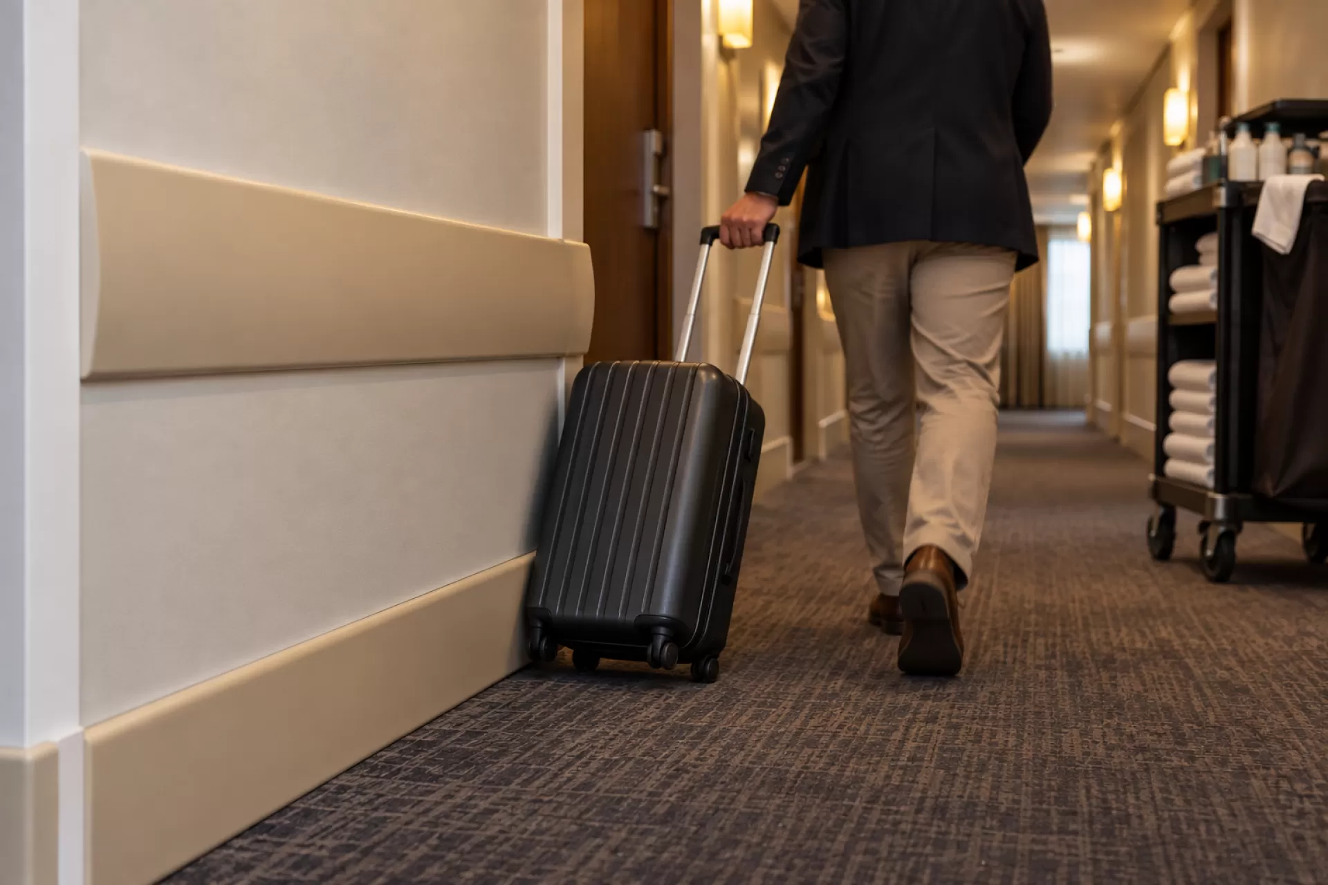 Hóspede puxando mala de rodinhas pelo corredor do hotel rente à parede protegida