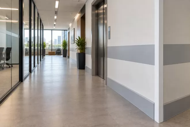 Hall corporativo envidraçado com proteção de parede instalada na circulação